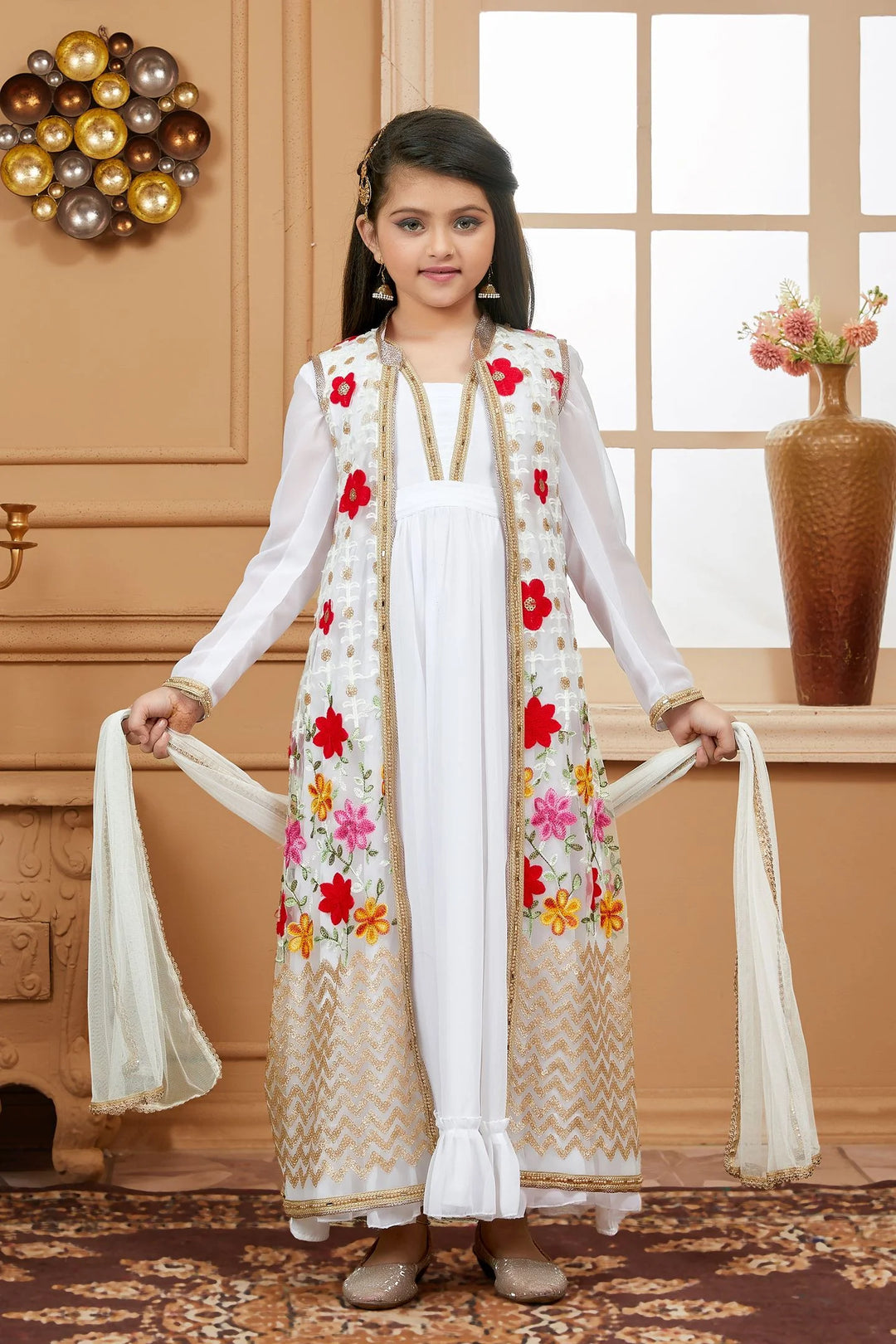 Off White Embroidered Art Silk Asymmetrical Kids Salwar Suits