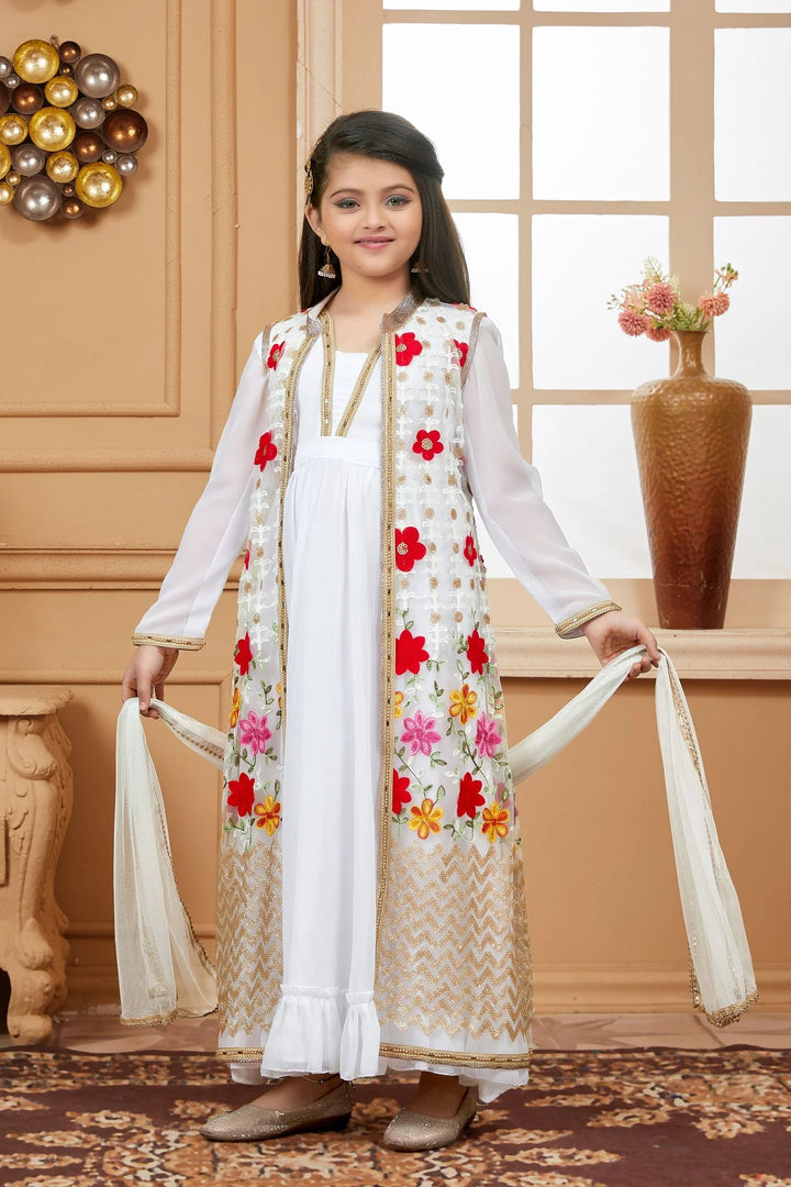 Off White Embroidered Art Silk Asymmetrical Kids Salwar Suits