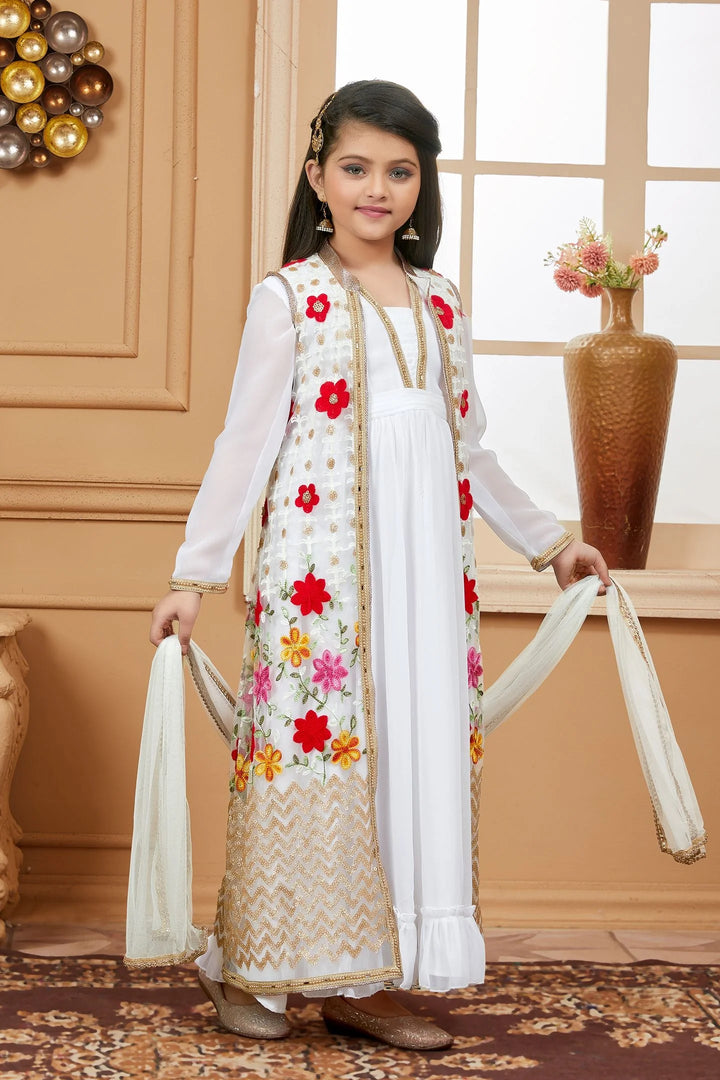 Off White Embroidered Art Silk Asymmetrical Kids Salwar Suits