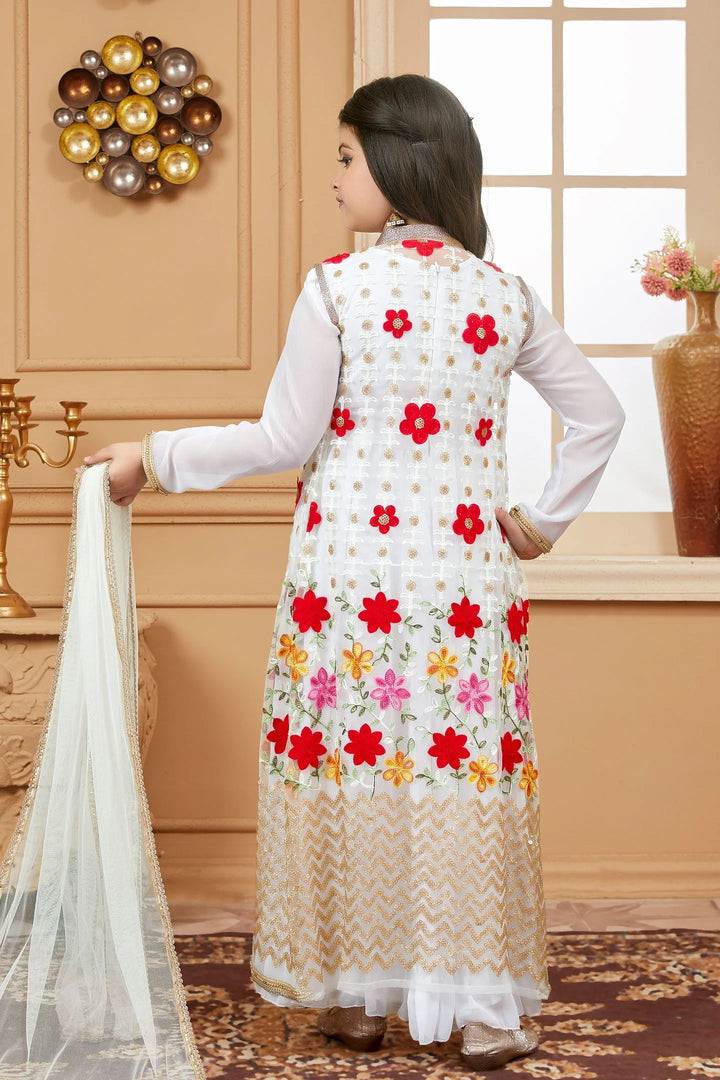 Off White Embroidered Art Silk Asymmetrical Kids Salwar Suits