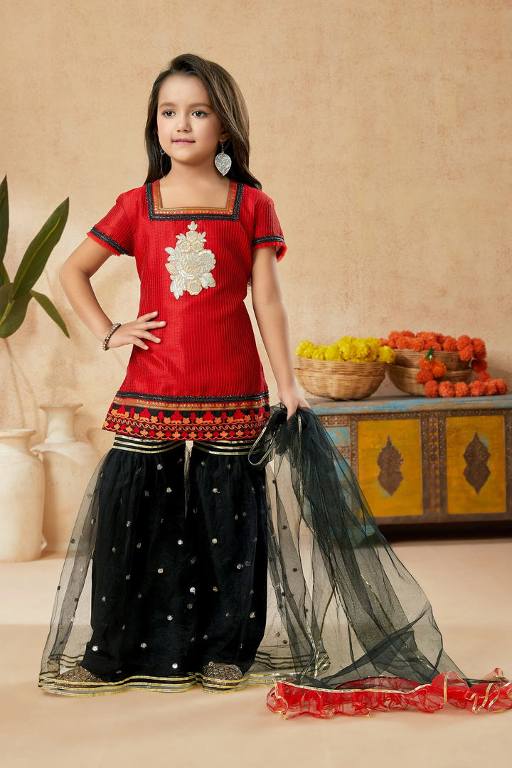 Red Embroidered Art Silk Straight Cut Kids Salwar Suits