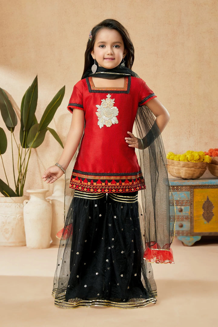 Red Embroidered Art Silk Straight Cut Kids Salwar Suits