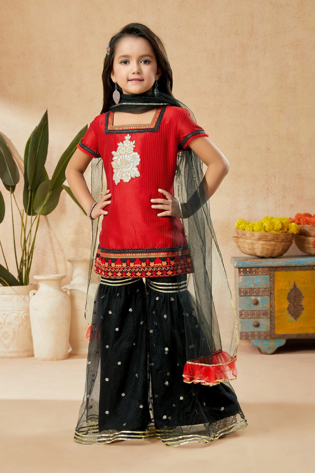 Red Embroidered Art Silk Straight Cut Kids Salwar Suits