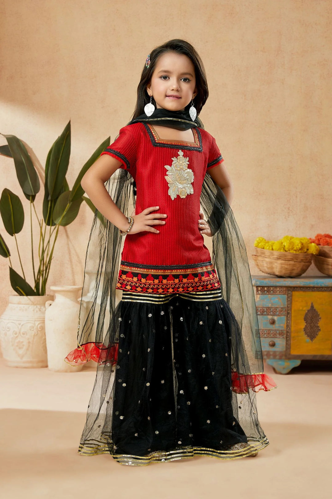 Red Embroidered Art Silk Straight Cut Kids Salwar Suits
