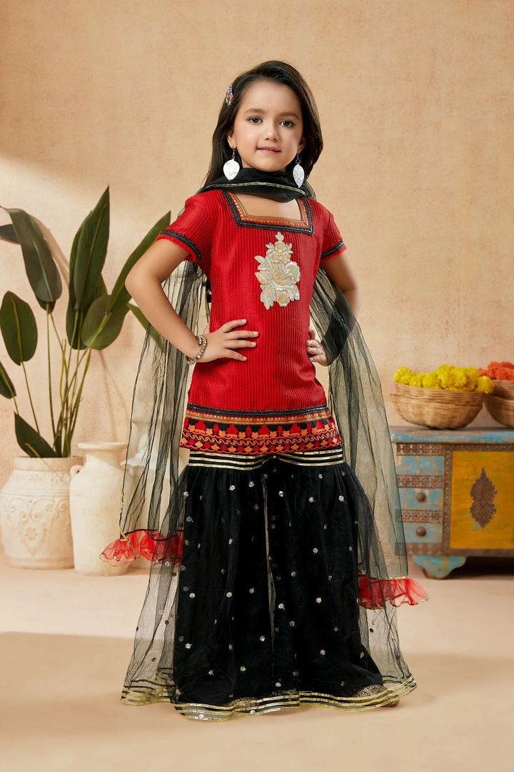 Red Embroidered Art Silk Straight Cut Kids Salwar Suits