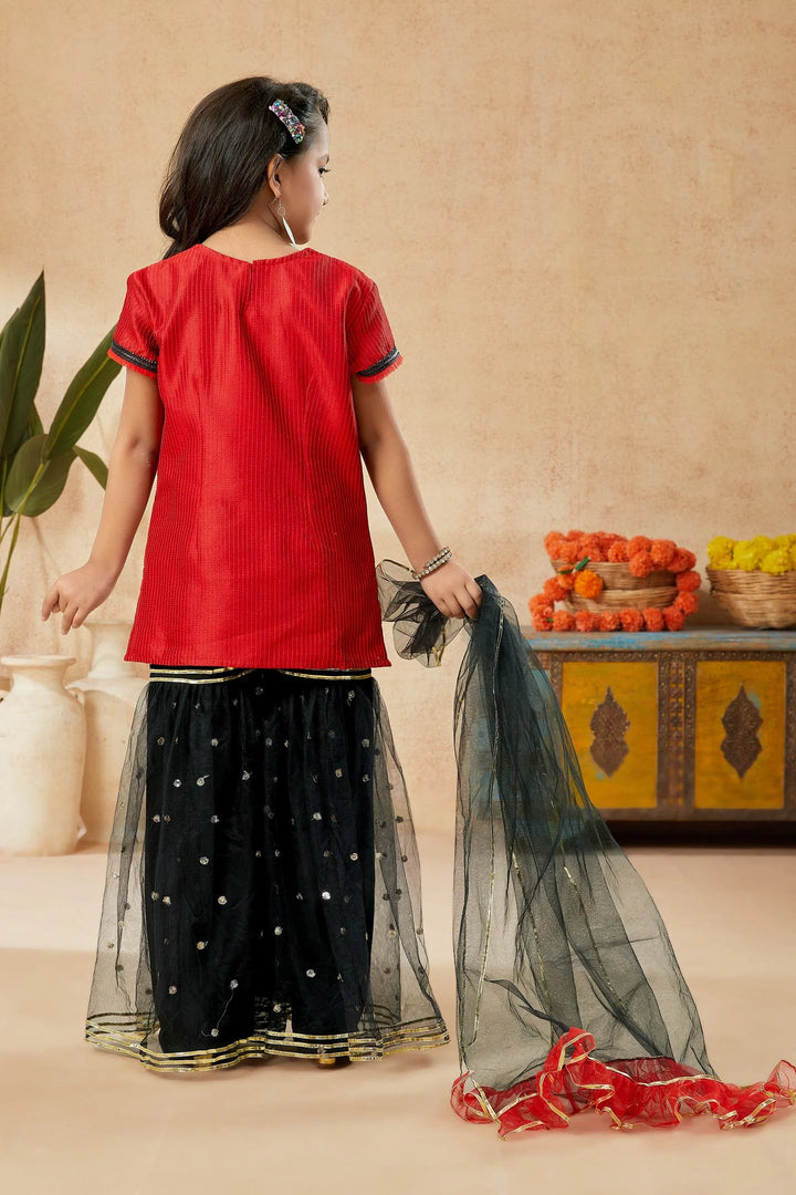 Red Embroidered Art Silk Straight Cut Kids Salwar Suits