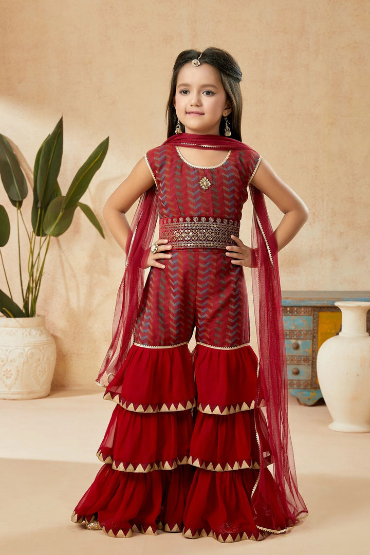 Maroon Embroidered Art Silk Straight Cut Kids Salwar Suits