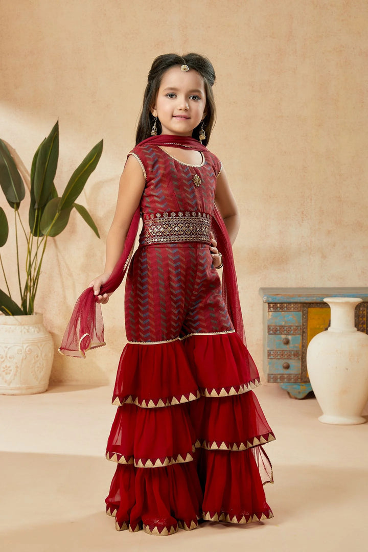 Maroon Embroidered Art Silk Straight Cut Kids Salwar Suits