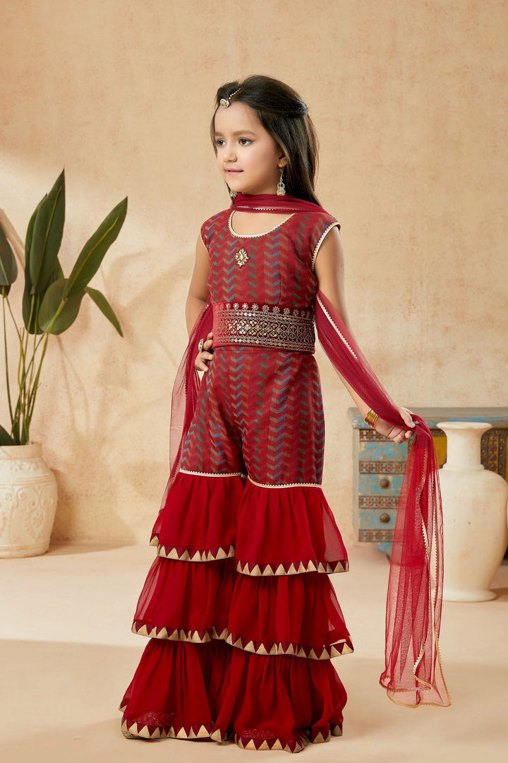 Maroon Embroidered Art Silk Straight Cut Kids Salwar Suits