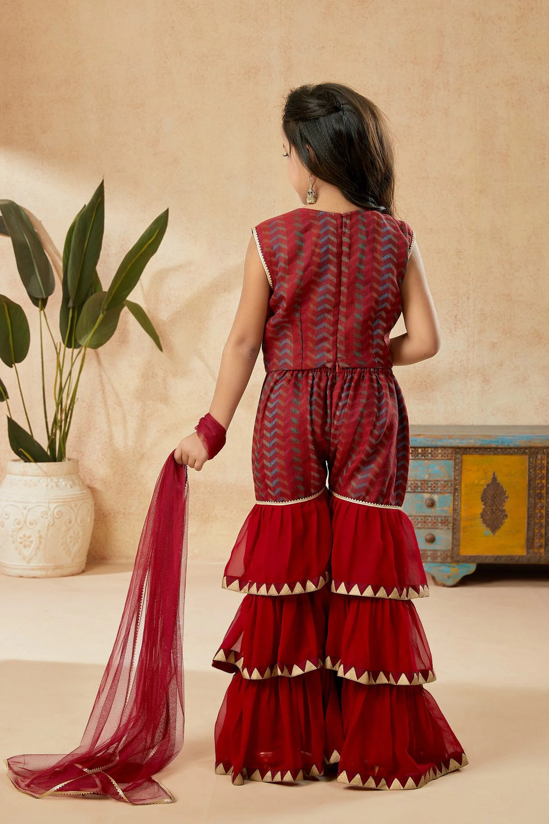 Maroon Embroidered Art Silk Straight Cut Kids Salwar Suits