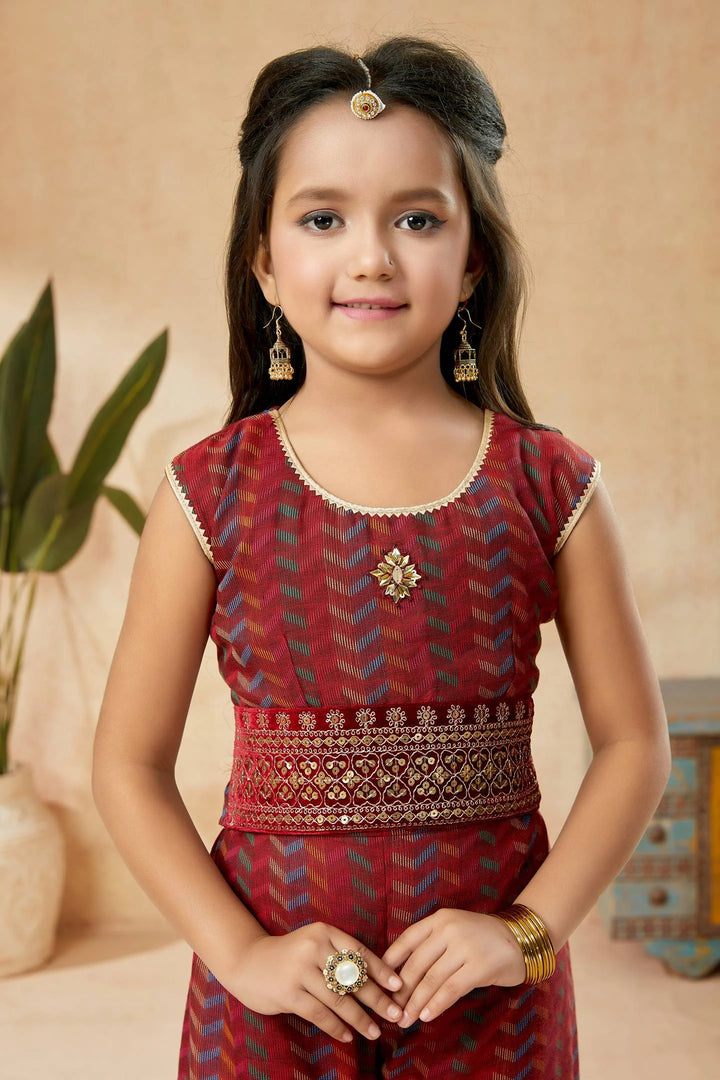 Maroon Embroidered Art Silk Straight Cut Kids Salwar Suits