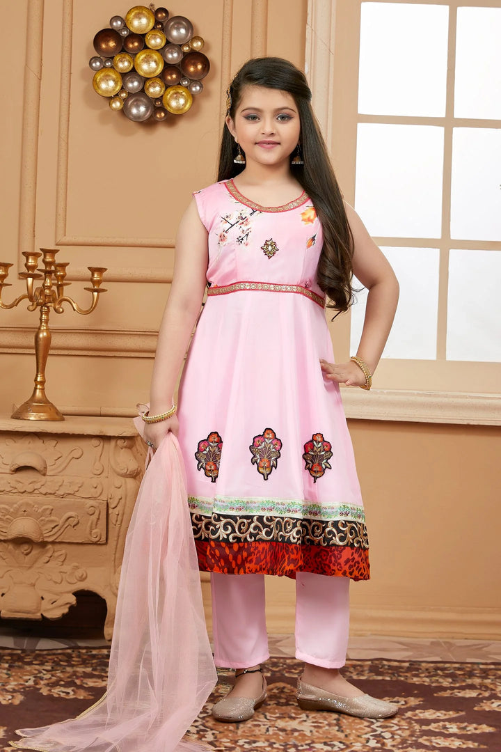 Pink Embroidered Satin A Line Kids Salwar Suits