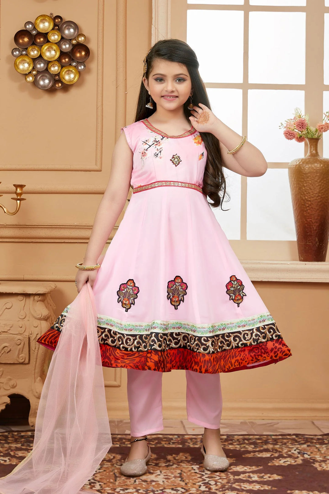 Pink Embroidered Satin A Line Kids Salwar Suits