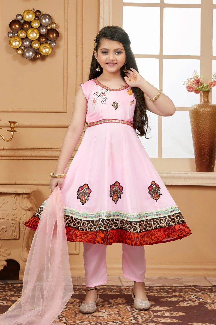 Pink Embroidered Satin A Line Kids Salwar Suits