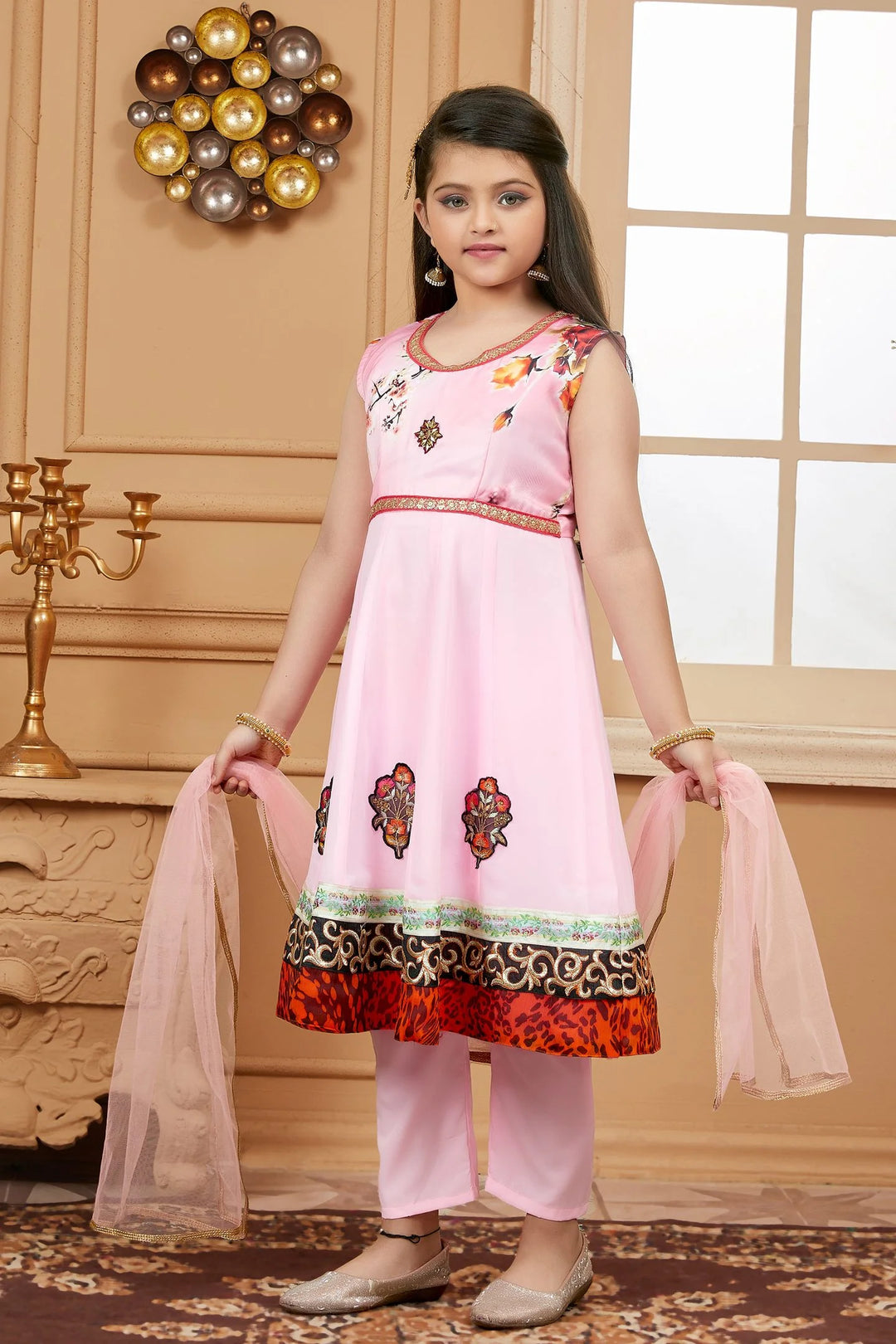 Pink Embroidered Satin A Line Kids Salwar Suits