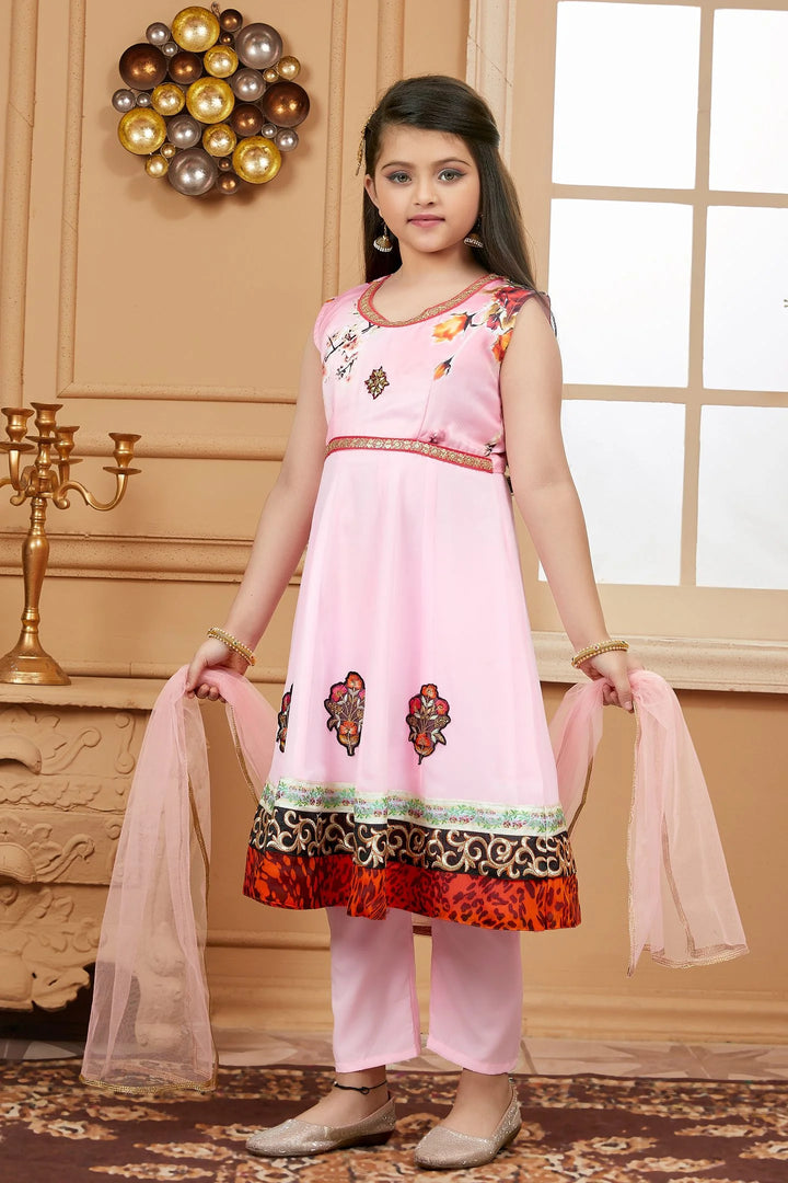 Pink Embroidered Satin A Line Kids Salwar Suits