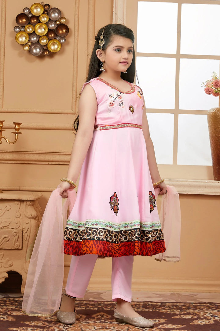 Pink Embroidered Satin A Line Kids Salwar Suits