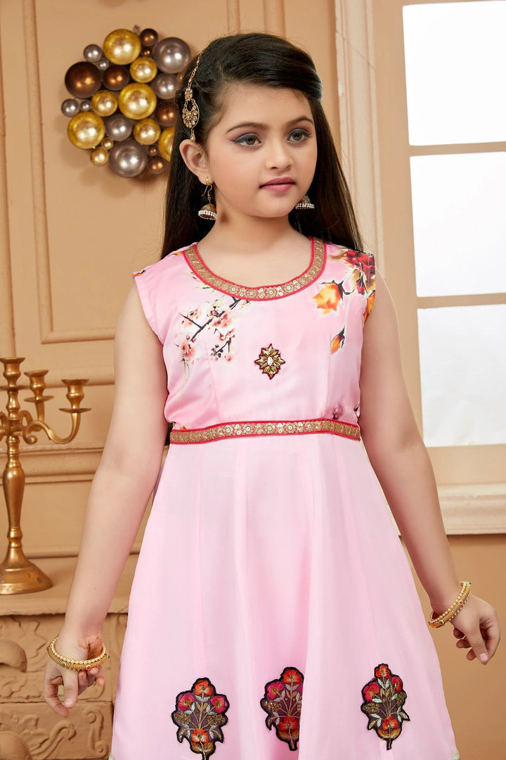 Pink Embroidered Satin A Line Kids Salwar Suits