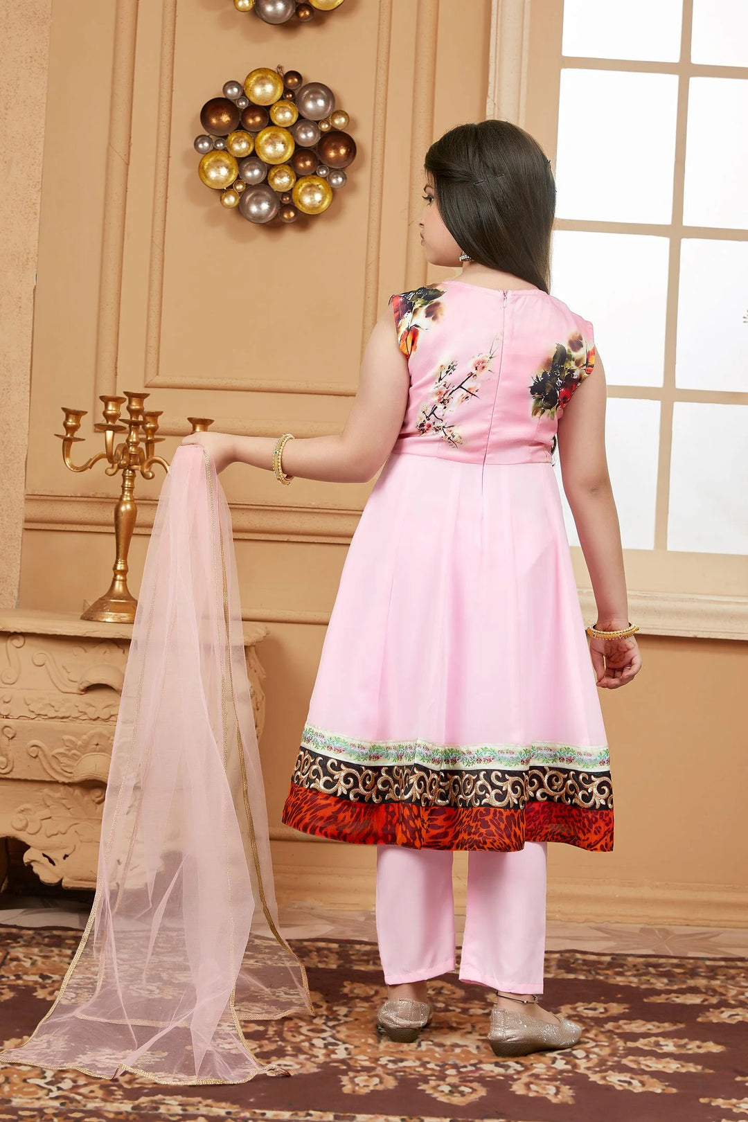 Pink Embroidered Satin A Line Kids Salwar Suits