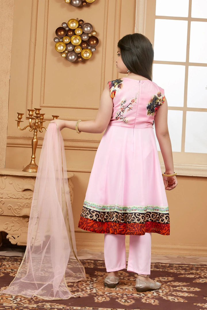 Pink Embroidered Satin A Line Kids Salwar Suits