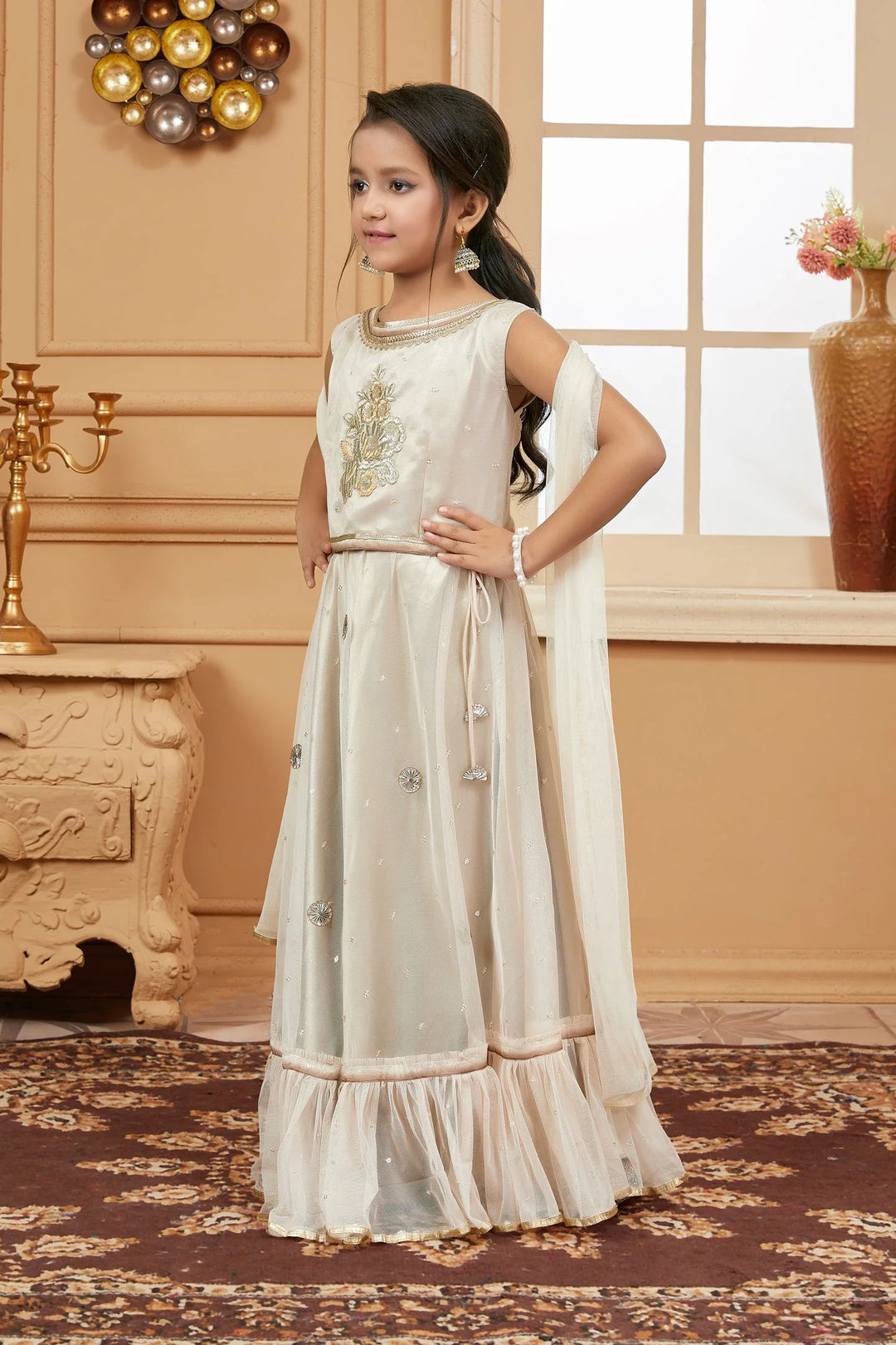 Light Peach Embroidered Net A Line Lehenga Choli Dupatta
