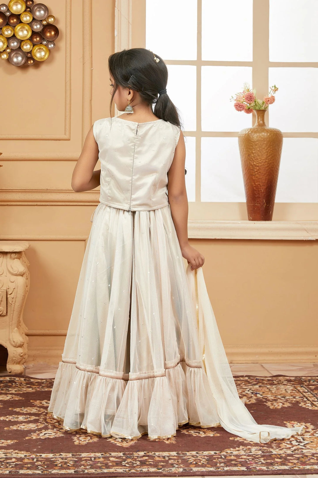 Light Peach Embroidered Net A Line Lehenga Choli Dupatta