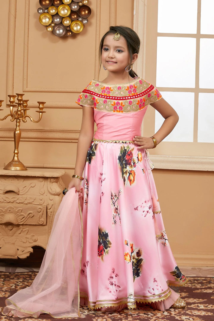 Pink Embroidered Net A Line Lehenga Choli Dupatta