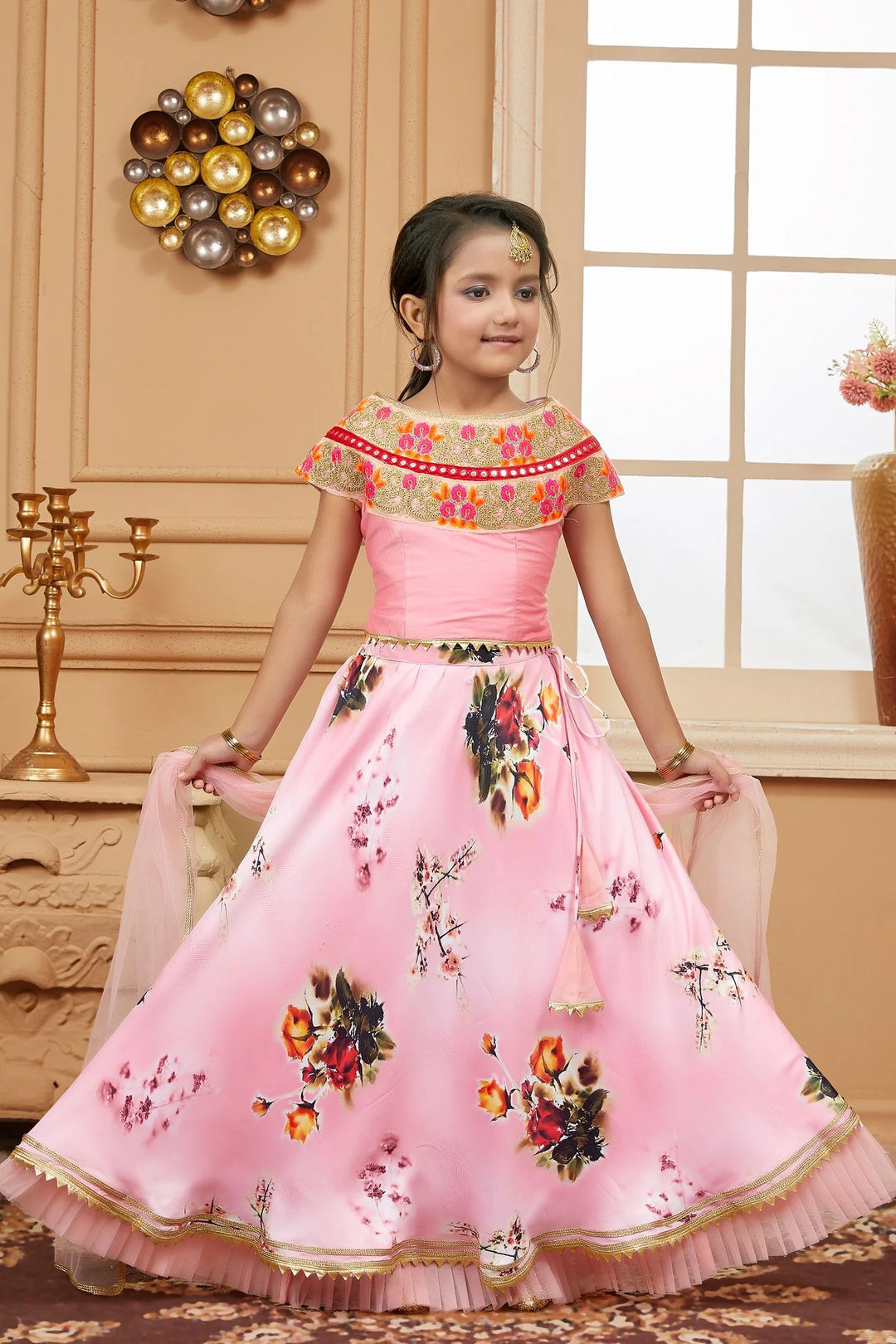 Pink Embroidered Net A Line Lehenga Choli Dupatta
