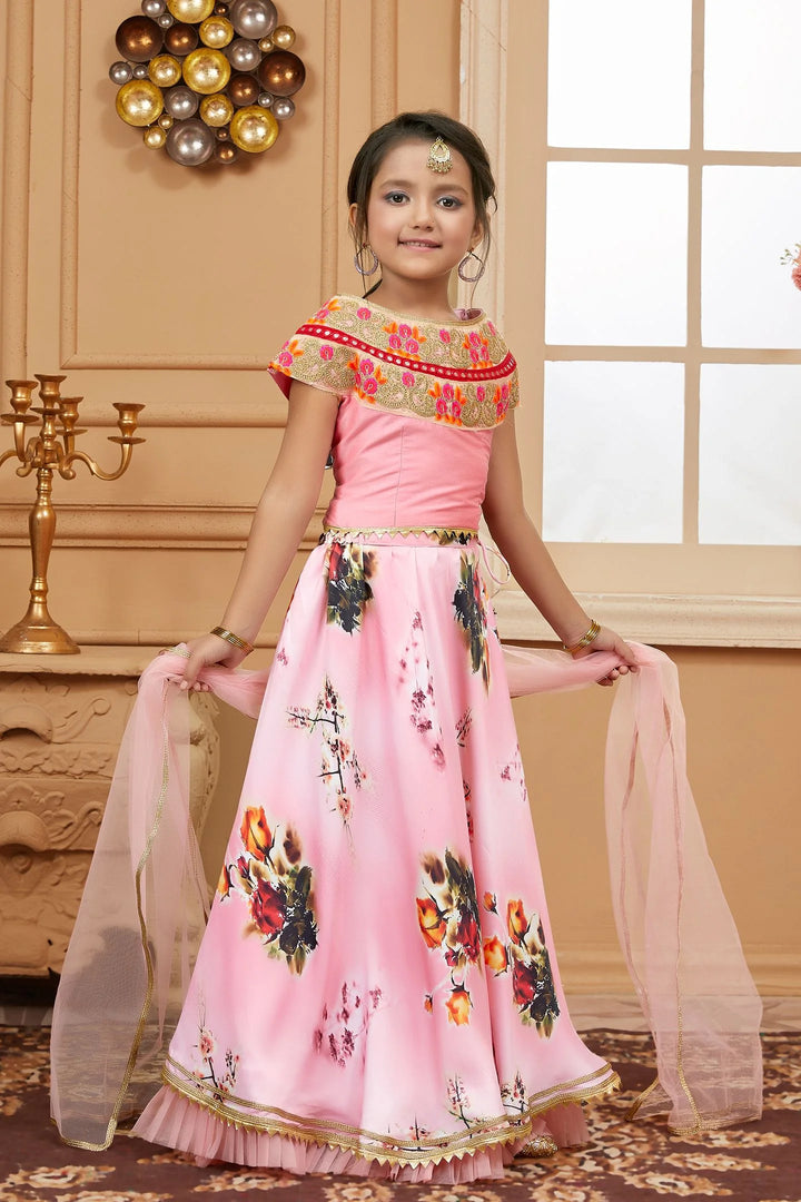 Pink Embroidered Net A Line Lehenga Choli Dupatta