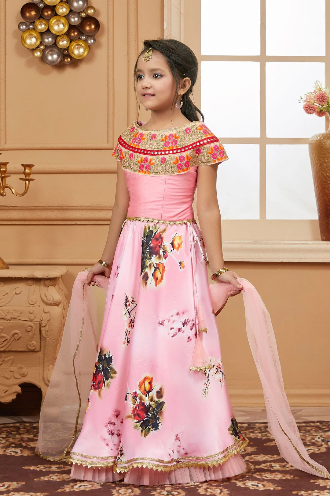 Pink Embroidered Net A Line Lehenga Choli Dupatta