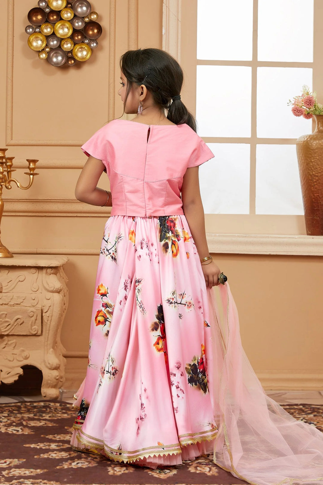 Pink Embroidered Net A Line Lehenga Choli Dupatta