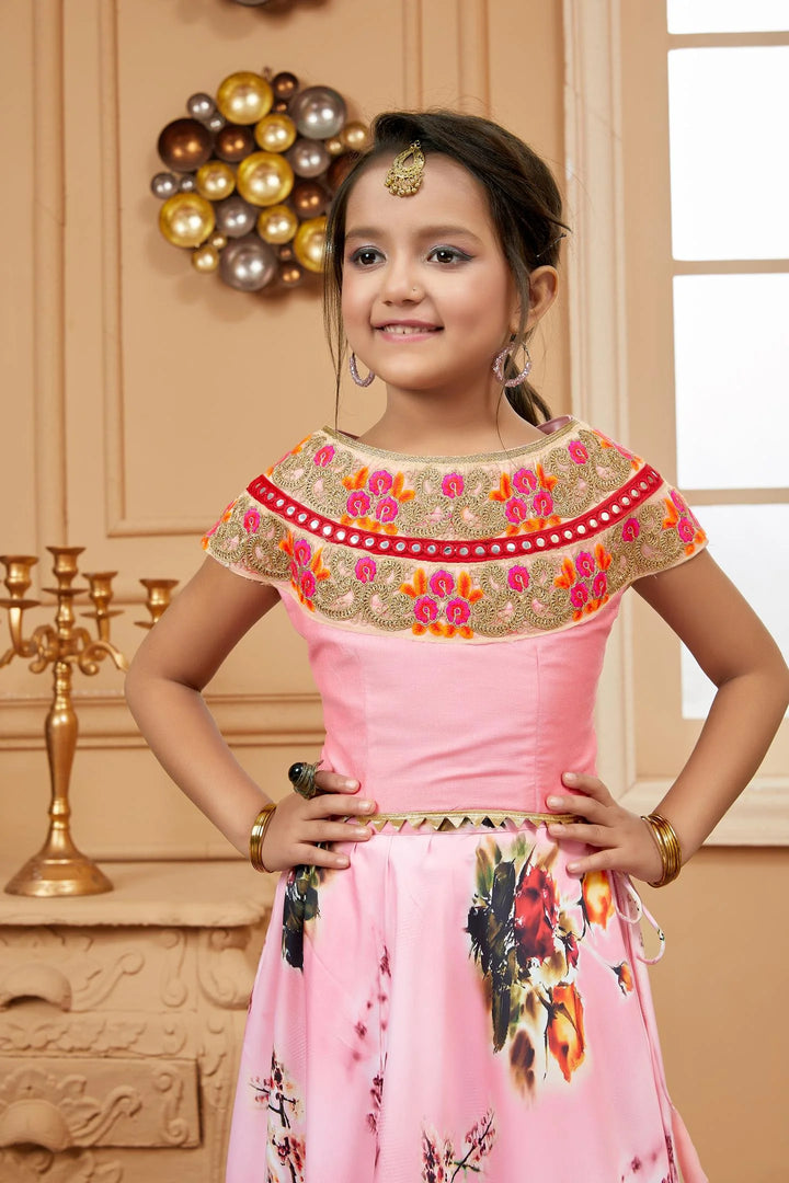 Pink Embroidered Net A Line Lehenga Choli Dupatta