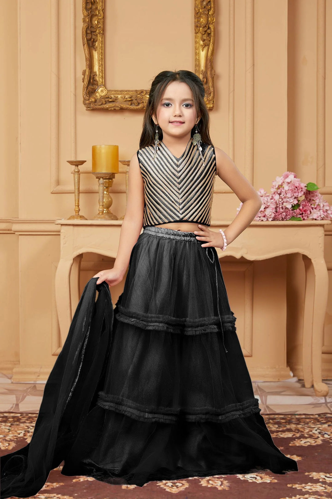 Black Embroidered A Line Lehenga Choli Dupatta