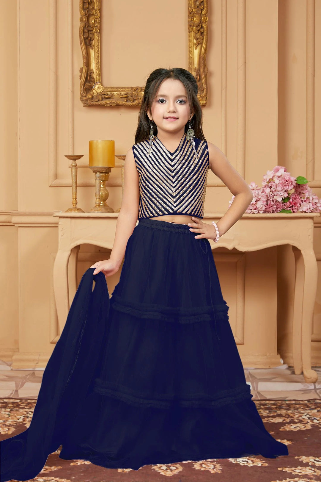 Navy Blue Embroidered A Line Lehenga Choli Dupatta