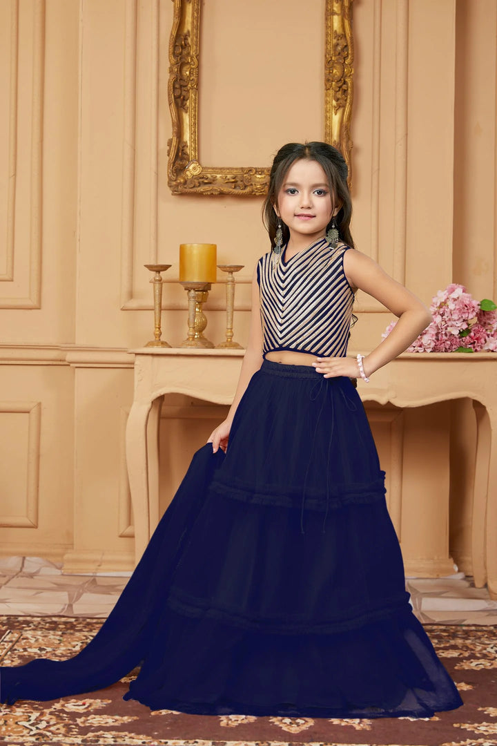 Navy Blue Embroidered A Line Lehenga Choli Dupatta