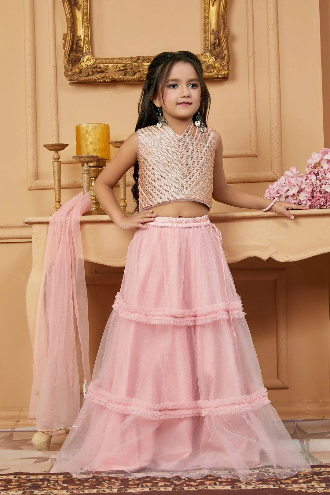 Pink Embroidered A Line Lehenga Choli Dupatta