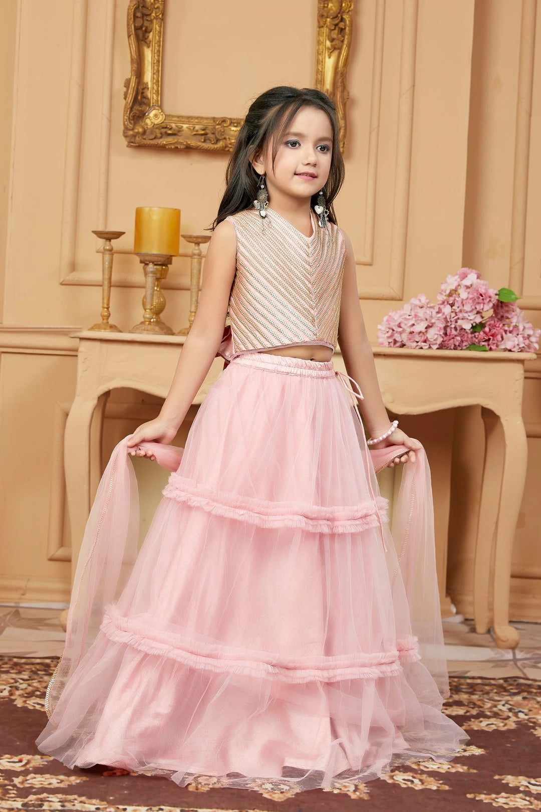 Pink Embroidered A Line Lehenga Choli Dupatta