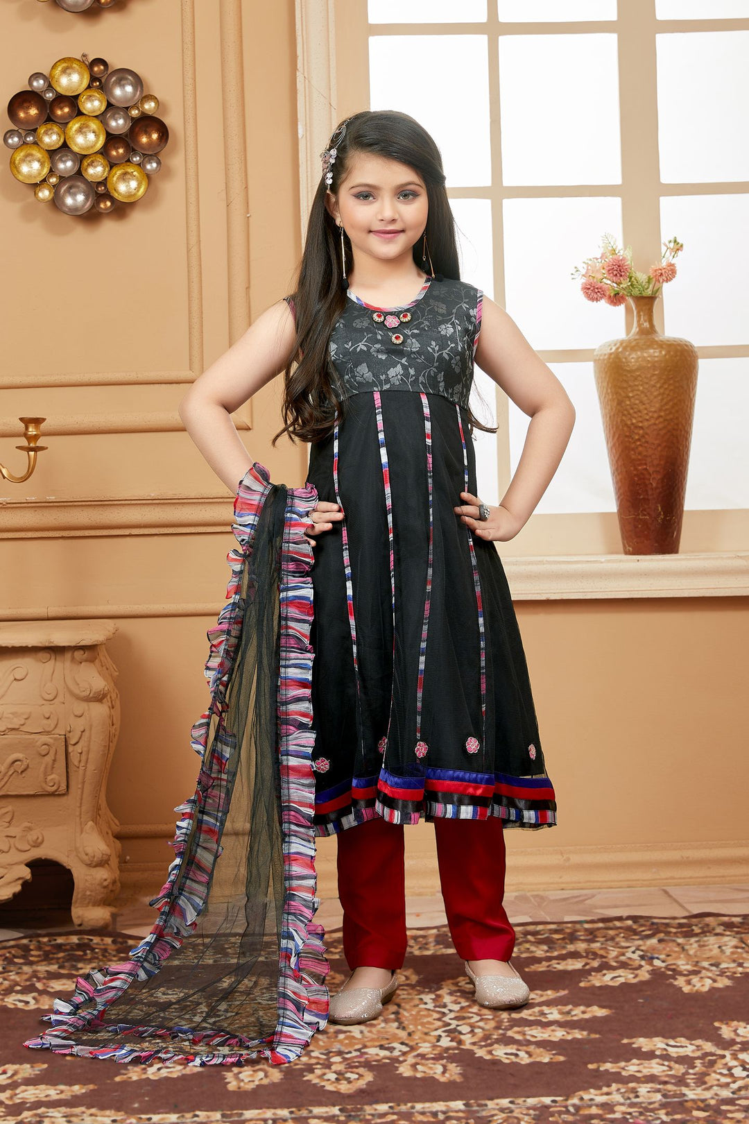 Black Embroidered Net Anarkali Kids Salwar Suits