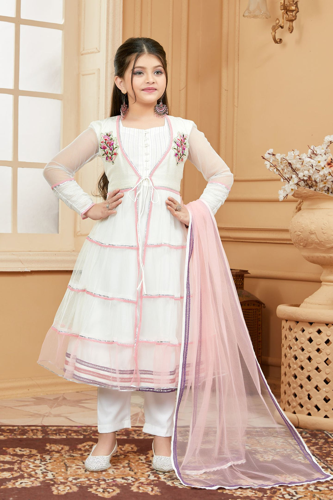 White Embroidered Net A Line Kids Salwar Suits