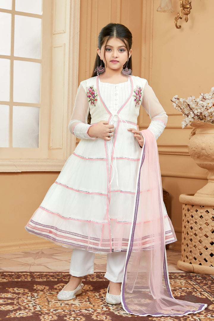 White Embroidered Net A Line Kids Salwar Suits