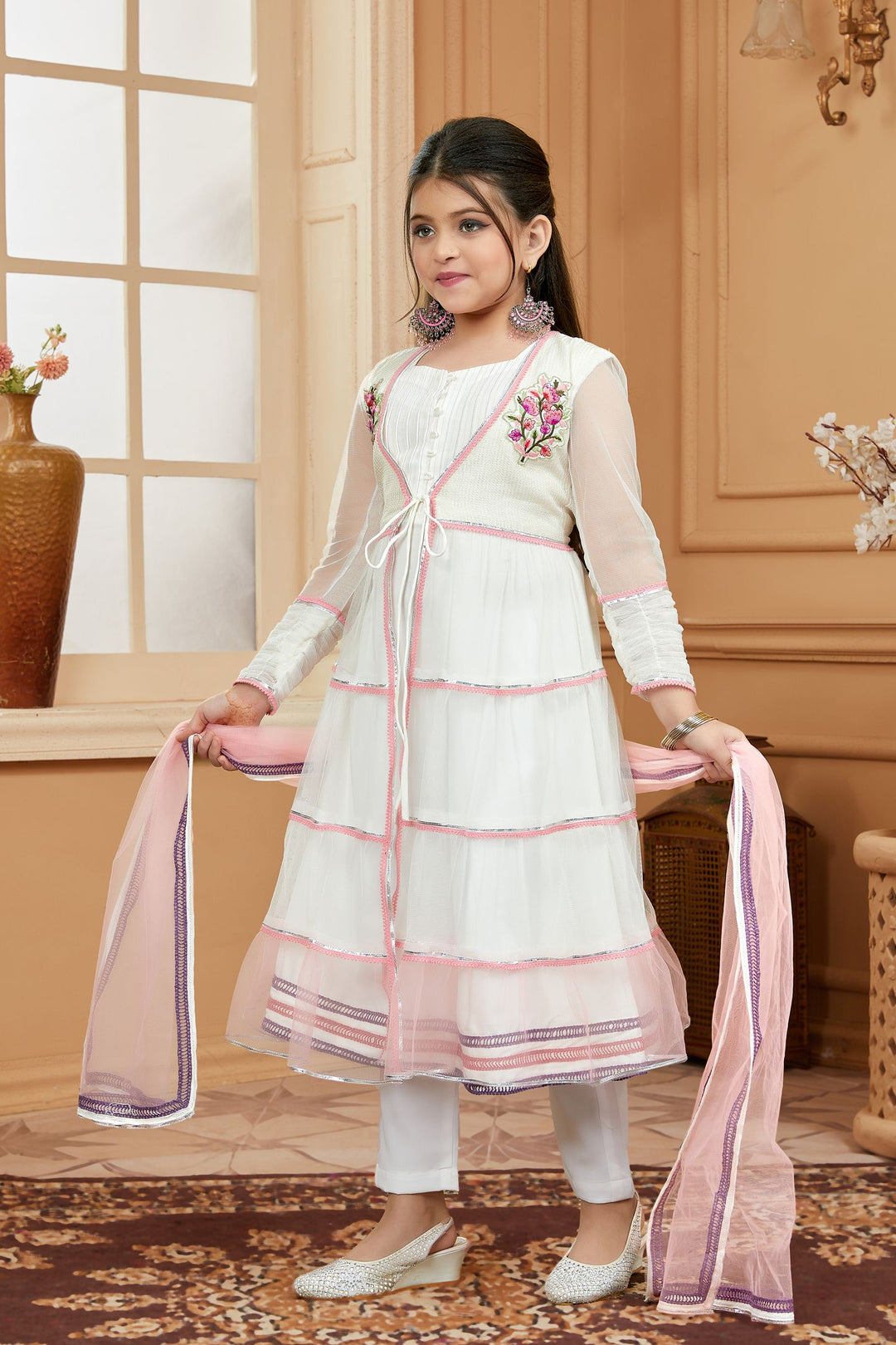 White Embroidered Net A Line Kids Salwar Suits