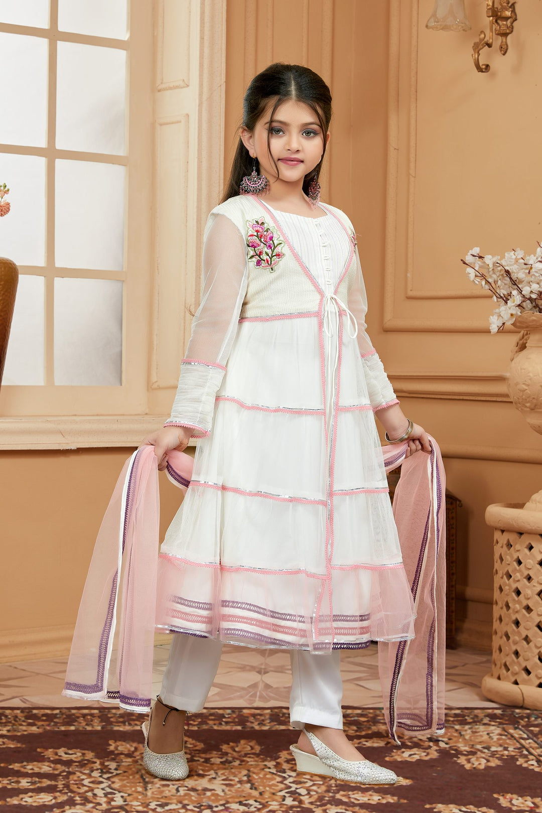 White Embroidered Net A Line Kids Salwar Suits