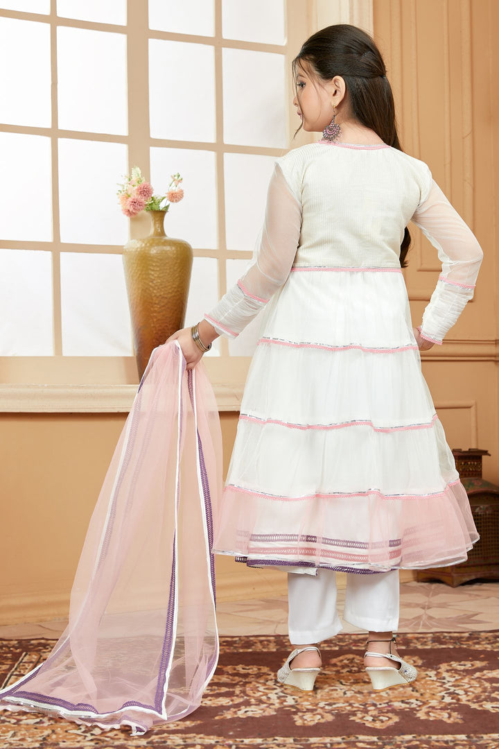 White Embroidered Net A Line Kids Salwar Suits