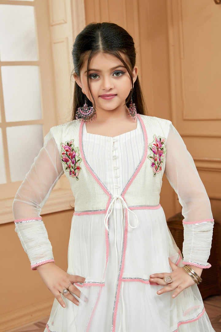 White Embroidered Net A Line Kids Salwar Suits