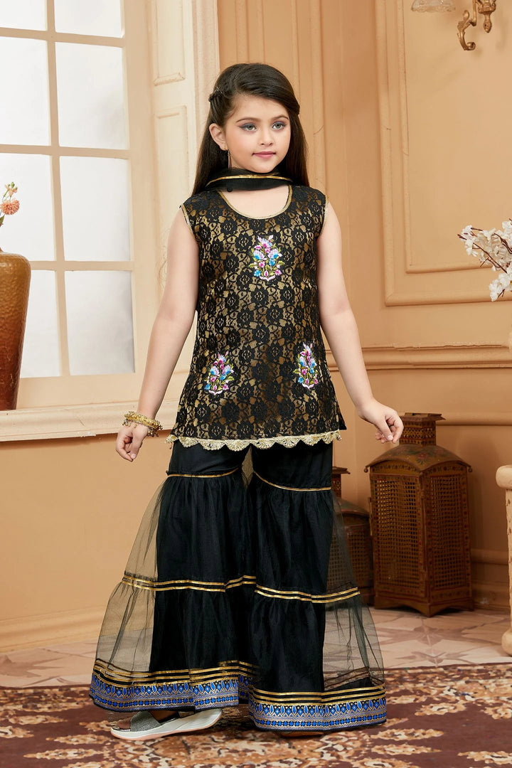 Black Embroidered Net A Line Kids Salwar Suit