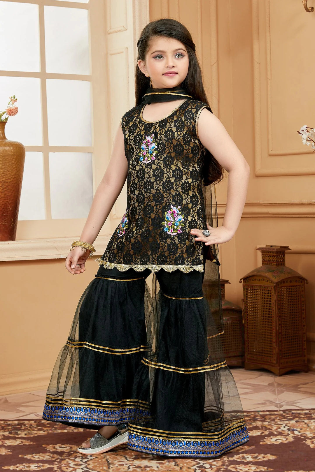 Black Embroidered Net A Line Kids Salwar Suit