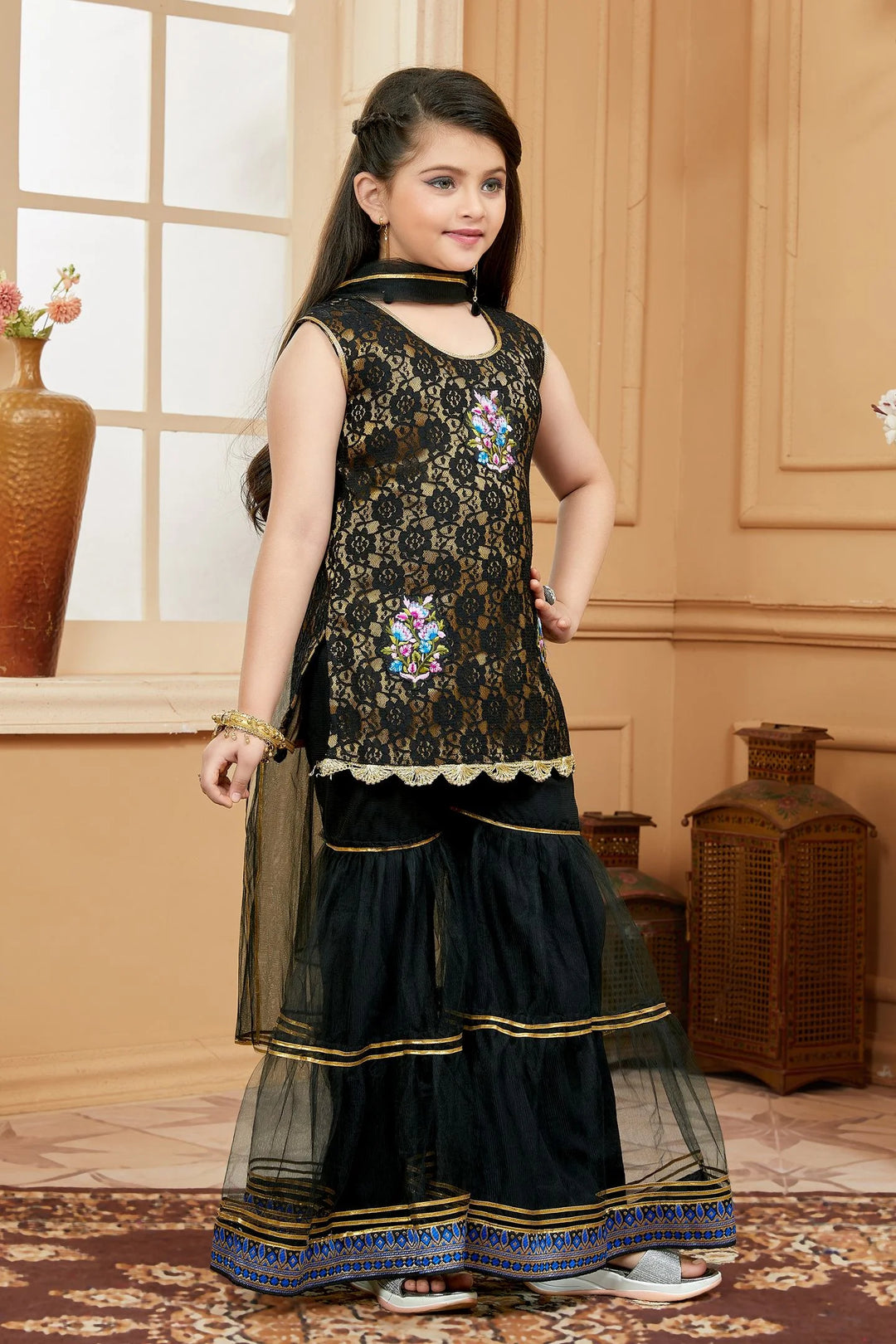 Black Embroidered Net A Line Kids Salwar Suit