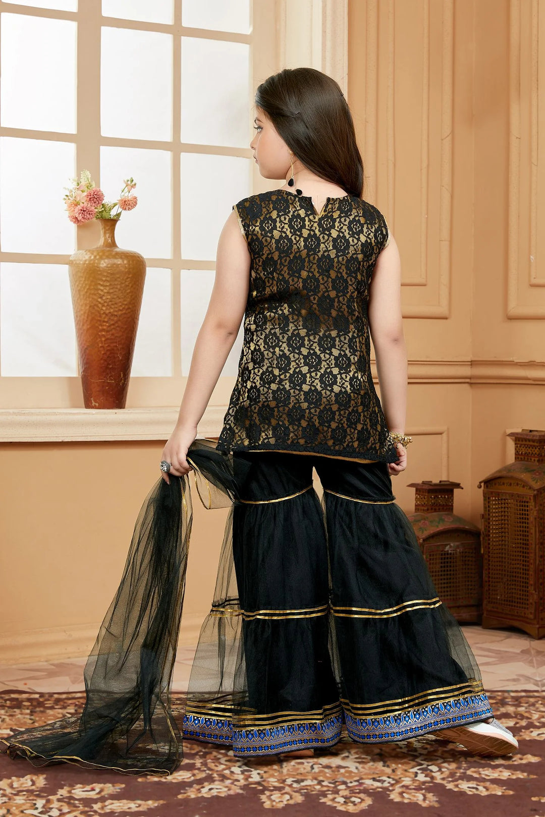 Black Embroidered Net A Line Kids Salwar Suit