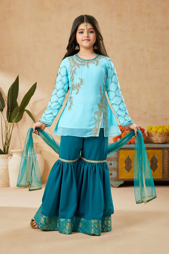Sky Blue Embroidered Net A Line Kids Salwar Suit