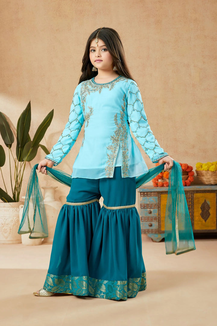 Sky Blue Embroidered Net A Line Kids Salwar Suit